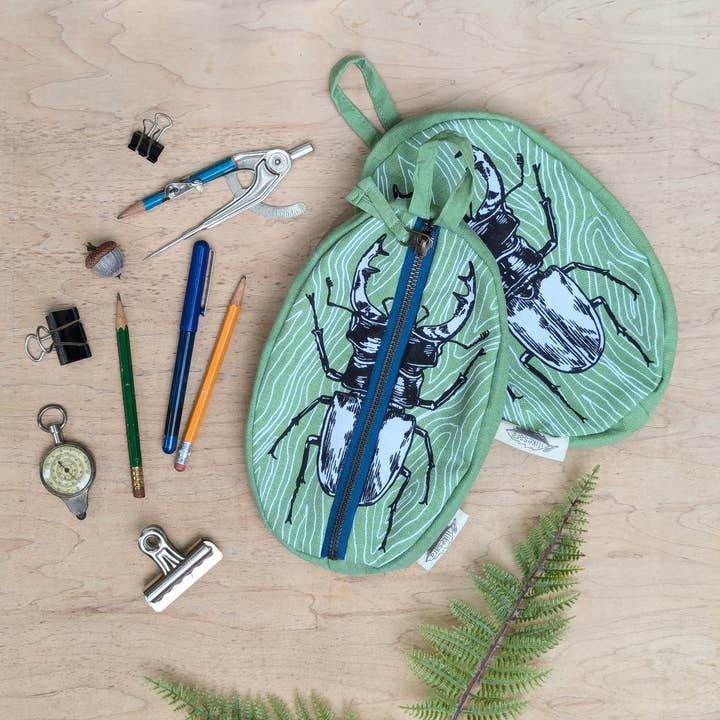 ilikesara | art + goods - Wholesale Pencil case/pouch - zippered pouch | stag beetle - green insect/bug pencil, supply, makeup bag with waterproof lining7