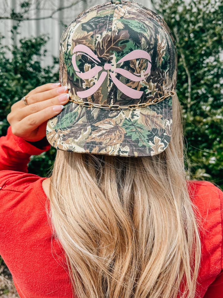 Canvas Camo Pink Bow Trucker Hat for wholesale by Southern Bliss Co.
