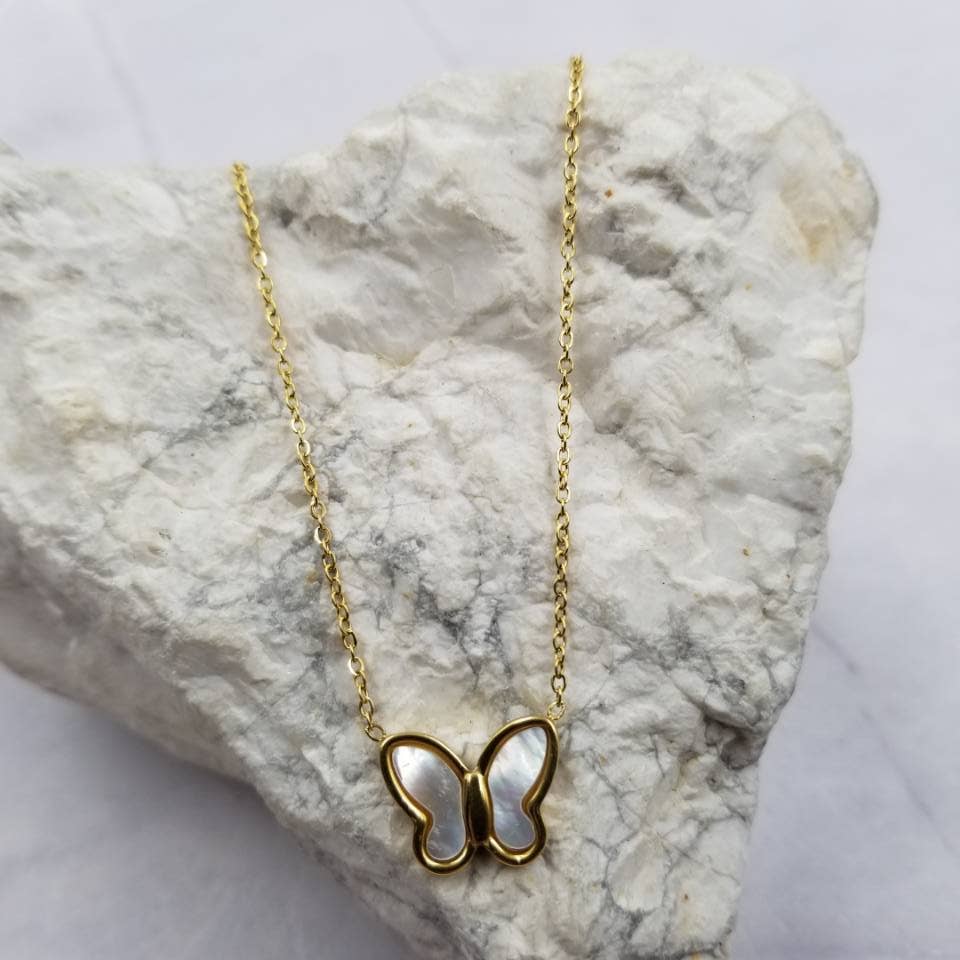 The Pretty Jewellery - Wholesale Pendant/Charm Necklace - Gold & White Shell Butterfly Pendant Necklace0
