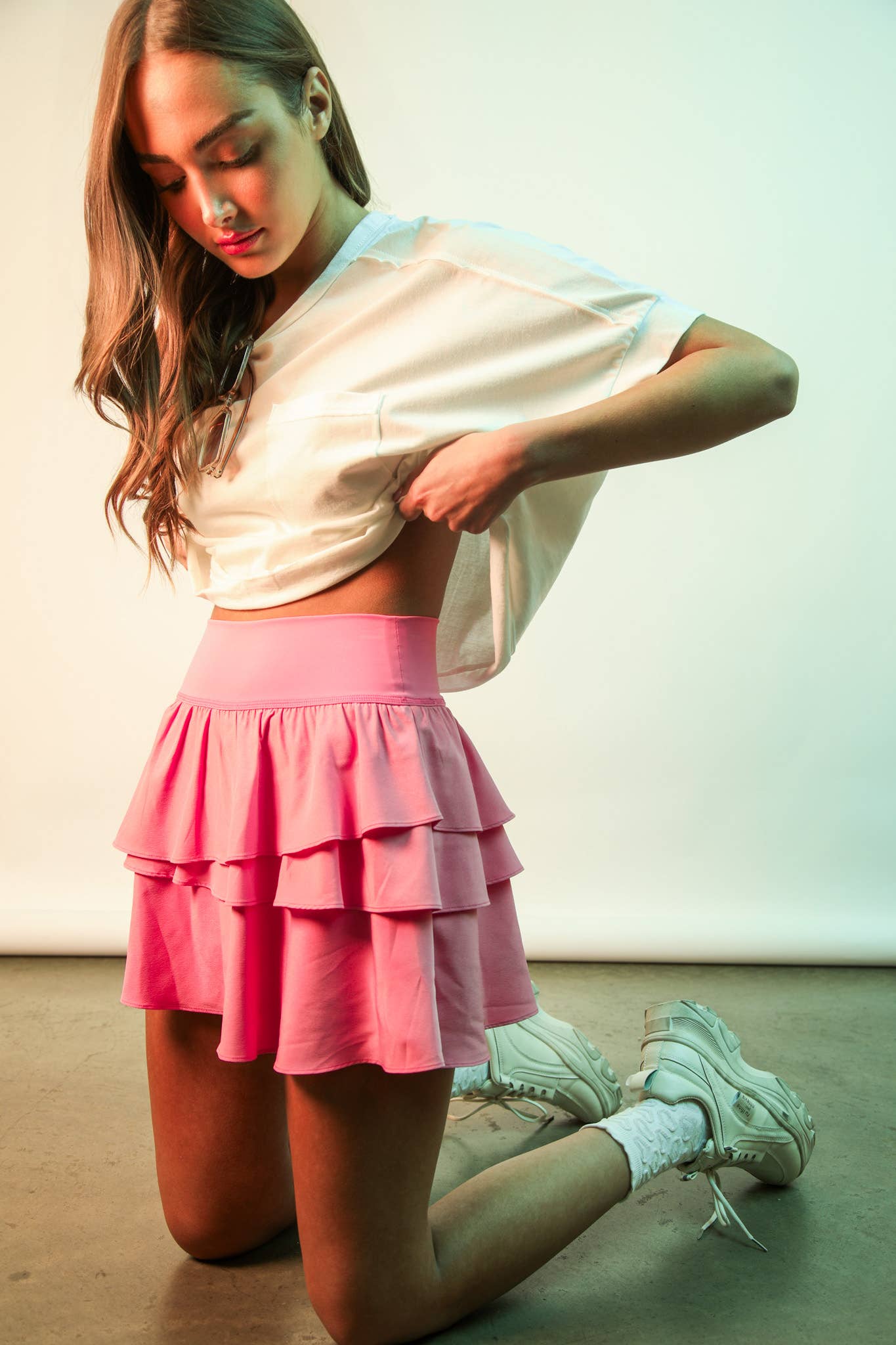 VERY J - Wholesale Athletic Skirt - Women's - NS50131-Riffled Tiered Layers Activewear Skirt with shorts3