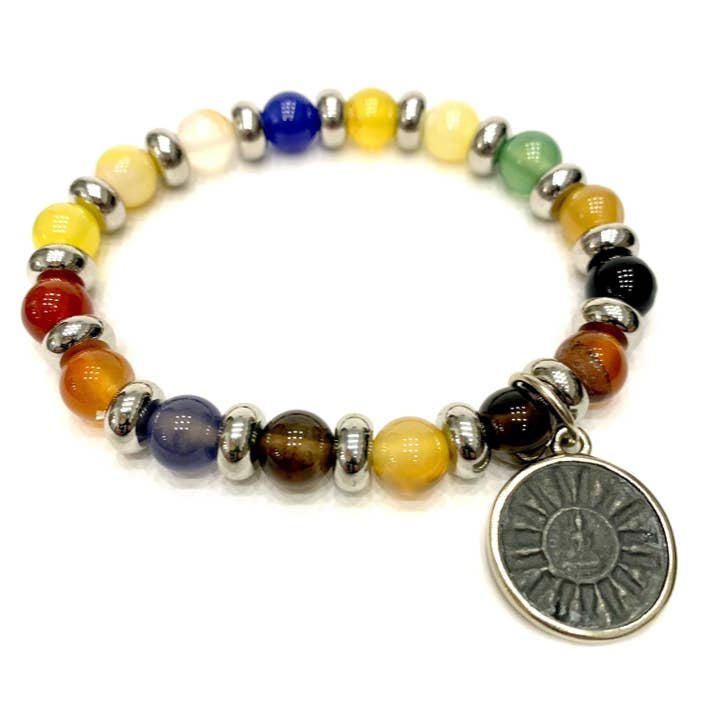 Arya-Armband mit 7 Chakren, aus natürlichem Edelstein und Stahlknoten, mit Mini-BUDDHA-Anhänger für den Großhandel von Atisha Spiritual Shop