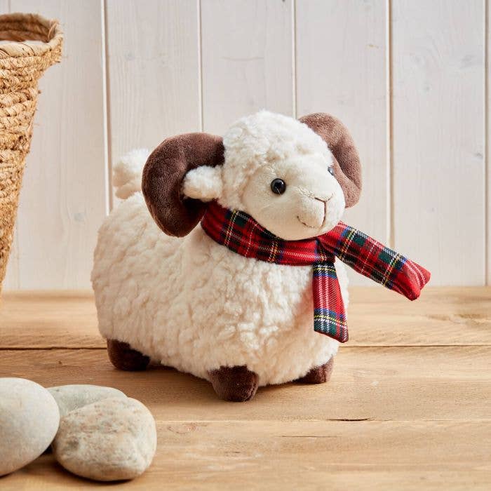 Langs - Wholesale Stuffed/Plush Toy - Kids & Baby - Ram Toy Large With Tartan Scarf Cream Plush Fabric Sheep