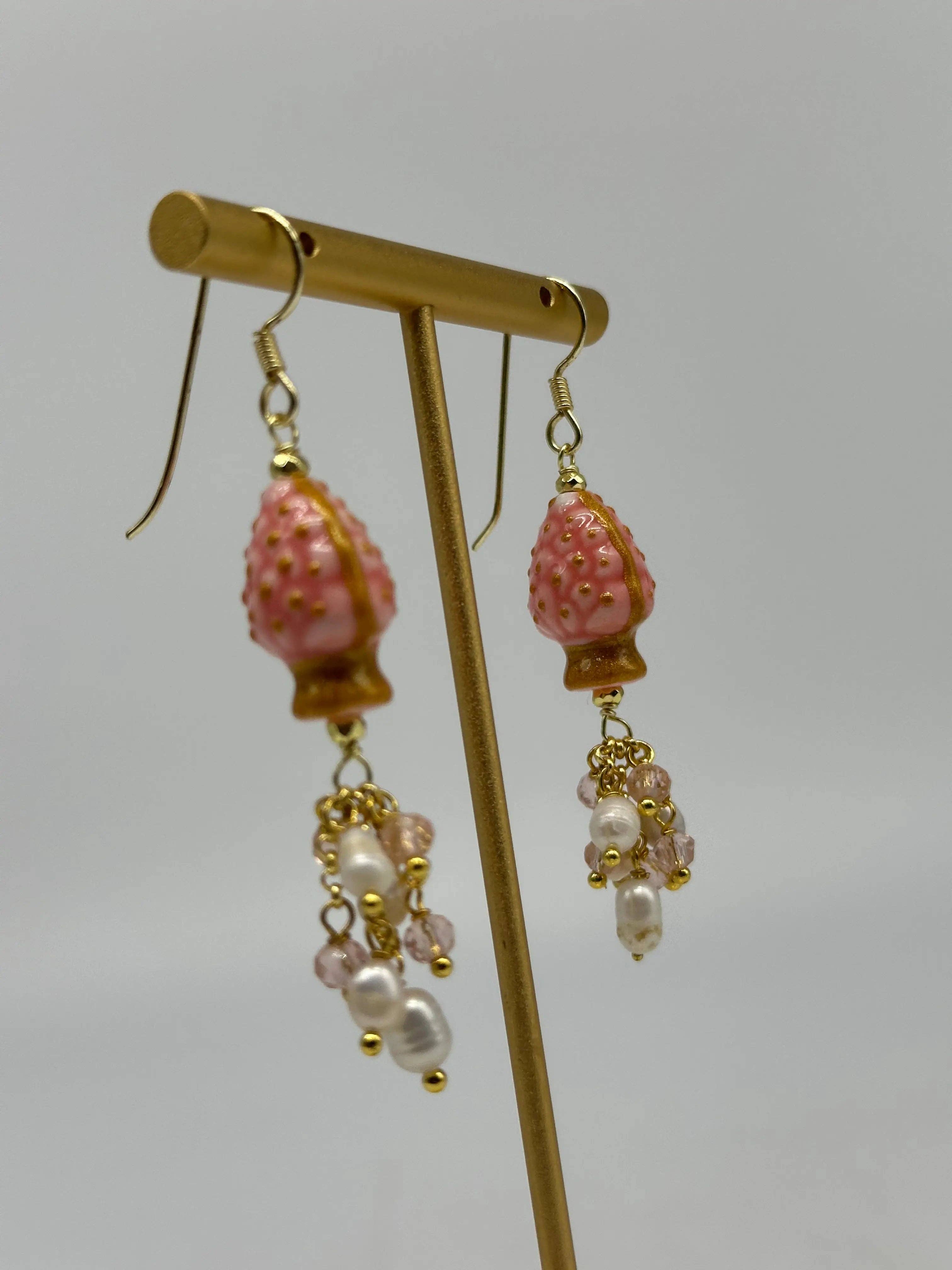 DD Ceramiche Siciliane – wholesale Dangle earrings – Handmade Pigna Rosa Ceramica di Caltagirone earrings, stones and pearls3