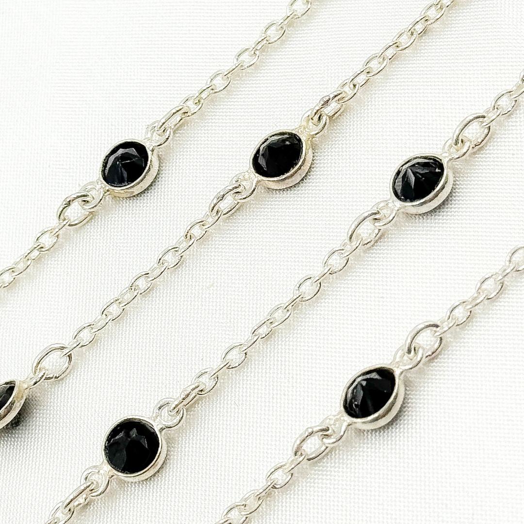 Tresor Jewelry Inc. - Wholesale Link & Chain Necklace - Black Spinel Round Shape Bezel 925 Sterling Silver Connected Wire Chain. BSP132