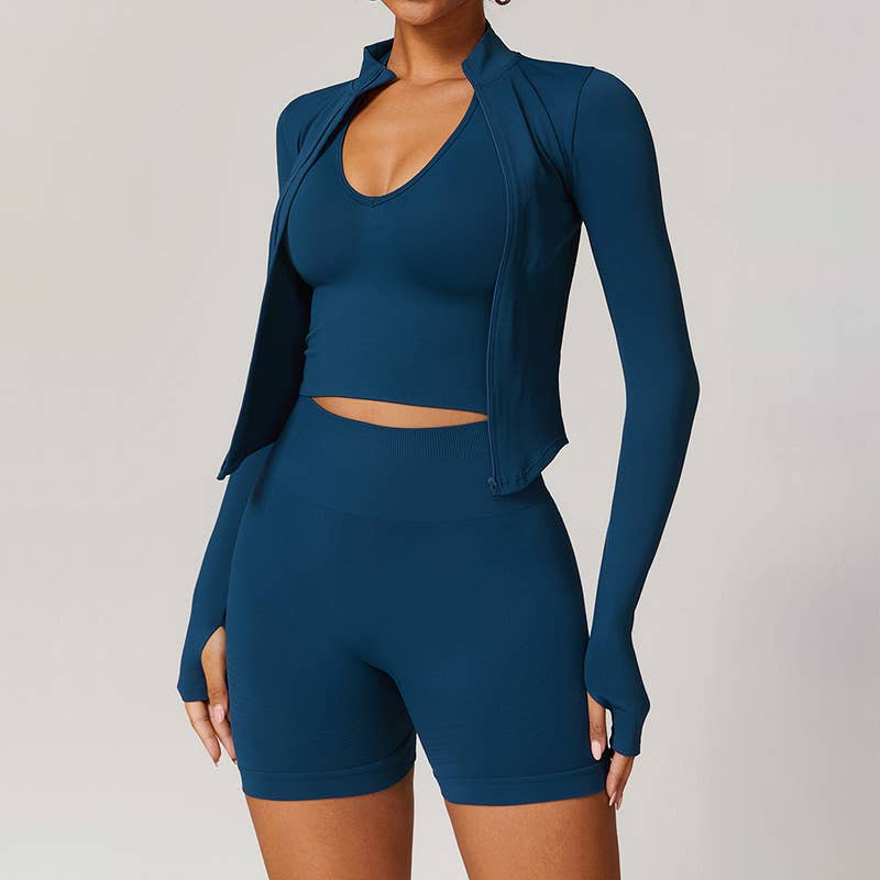 WONDERXFANS - Wholesale Activewear Set - Women's - Long Sleeve Full Zipper Jacket + Shorts 2-piece Set12