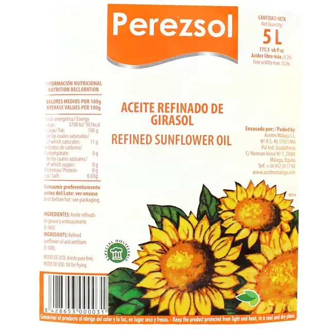 Aceites Málaga SL – wholesale Cooking oil – PEREZSOL SUNFLOWER OIL PET BOTTLE 5 L.1