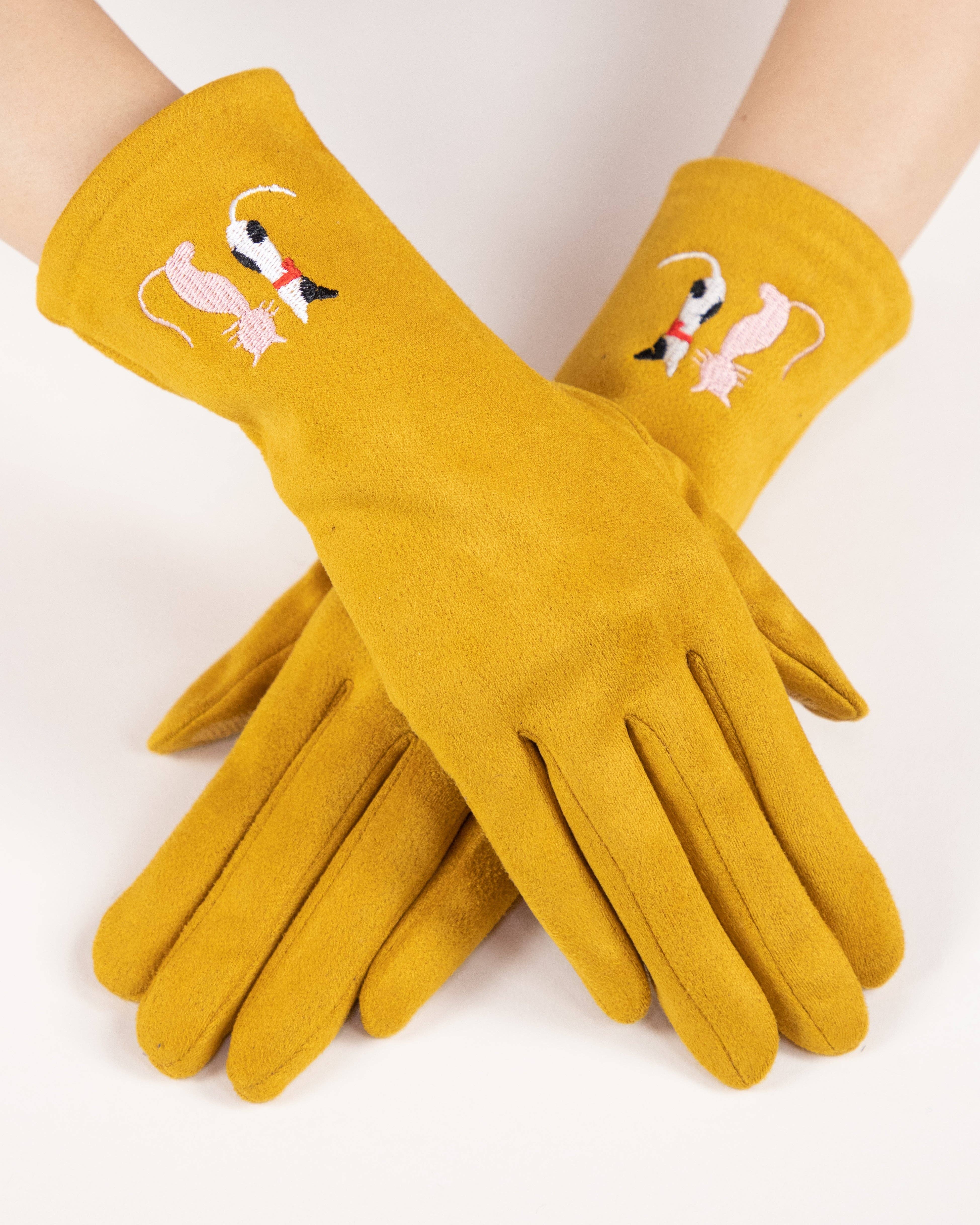 Original USA - Vente Gants – femme - Gants brodés de chat en faux suède (TS)1