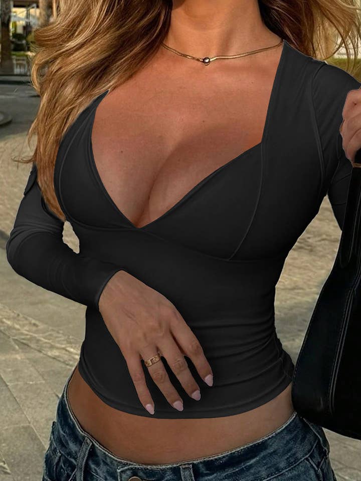 Deep V-Neck Long Sleeve Crop Top for wholesale by Mccolin