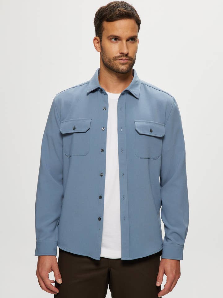 Ethan Heavy Crepe Overshirt in Slate Blue for wholesale by Julian & Mark
