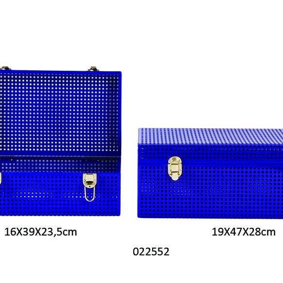 Set of 2 Blue Metal Boxes 'Boston' 19X47X28/16X39X23.5 cm for wholesale by Faye