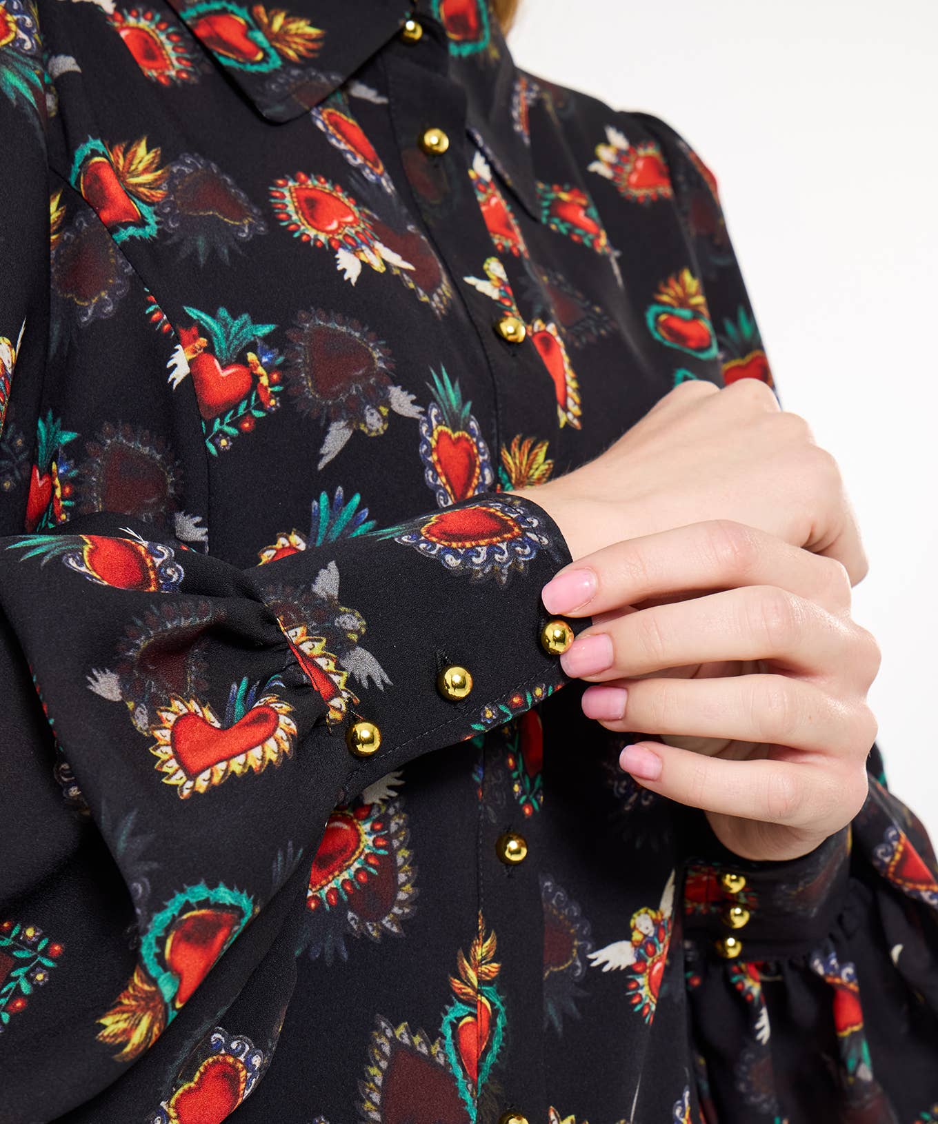 Noir Blouse en georgette à imprimé cœur avec caraco en vente sur Faire3