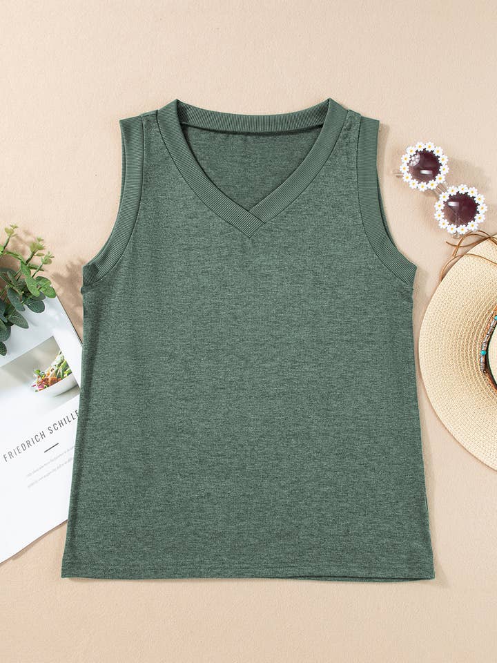 Mist Green Ribbed Trim V-Neck Tank for wholesale on Faire
