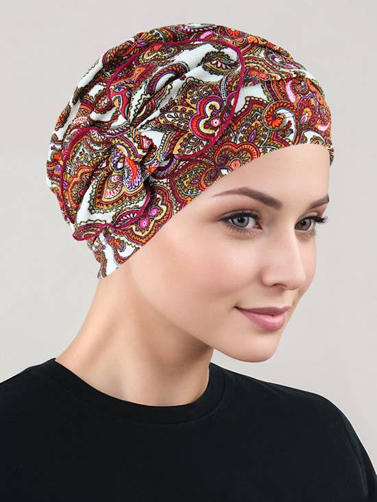 Pleated Bow Cap Red Paisley for wholesale by Turban Plus
