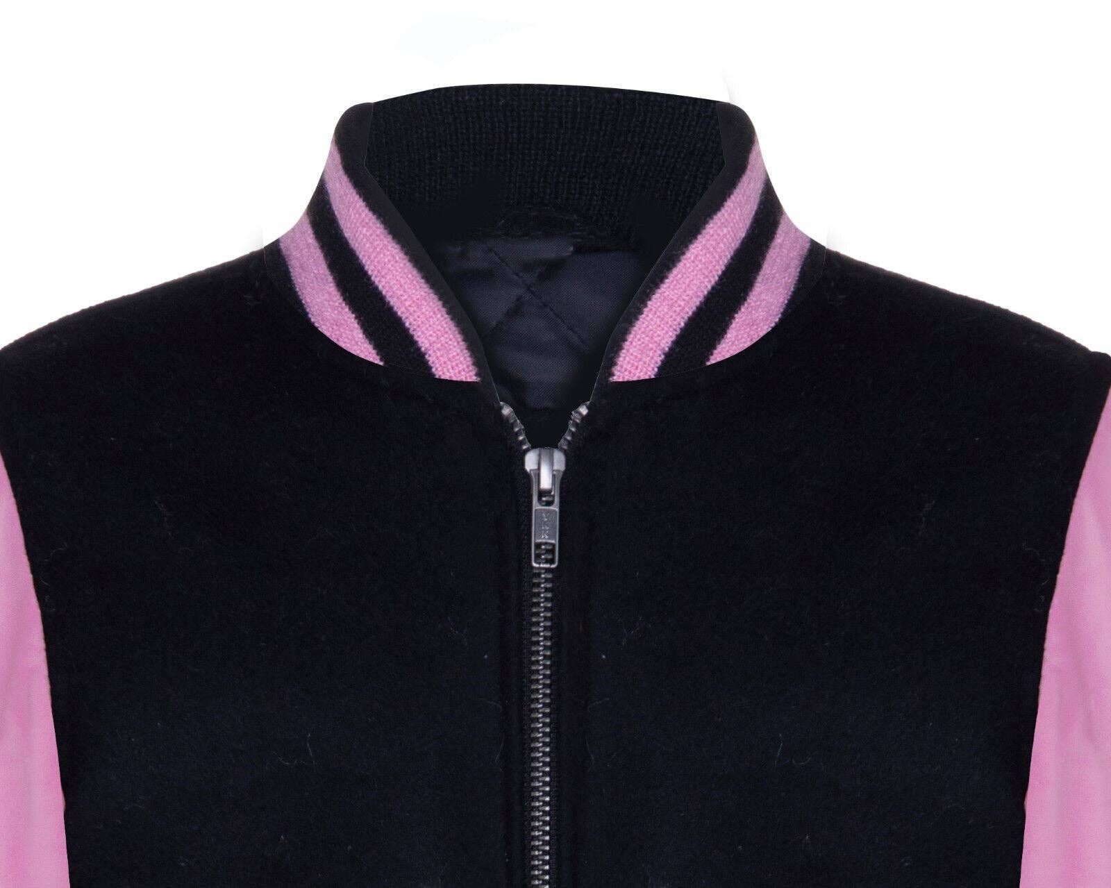 Negro con Rosa Chaqueta Bomber Varsity Negra y Rosa para Niños con Mangas de Cuero Real 3-13 años de venta al por mayor en Faire4