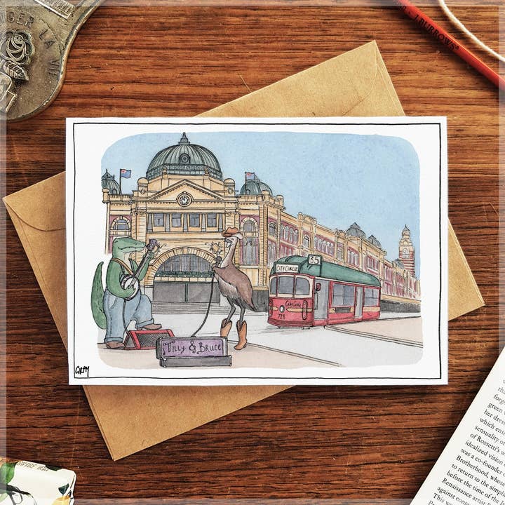 Busking in Melbourne - Greeting Card for wholesale by Erlenmeyer Art