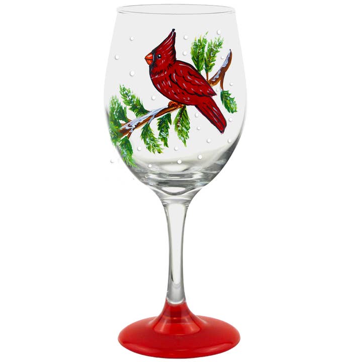 Cardinal Bird Wildlife Hand Painted Stemware Wine Glass for wholesale by Classy Art Designs, LLC