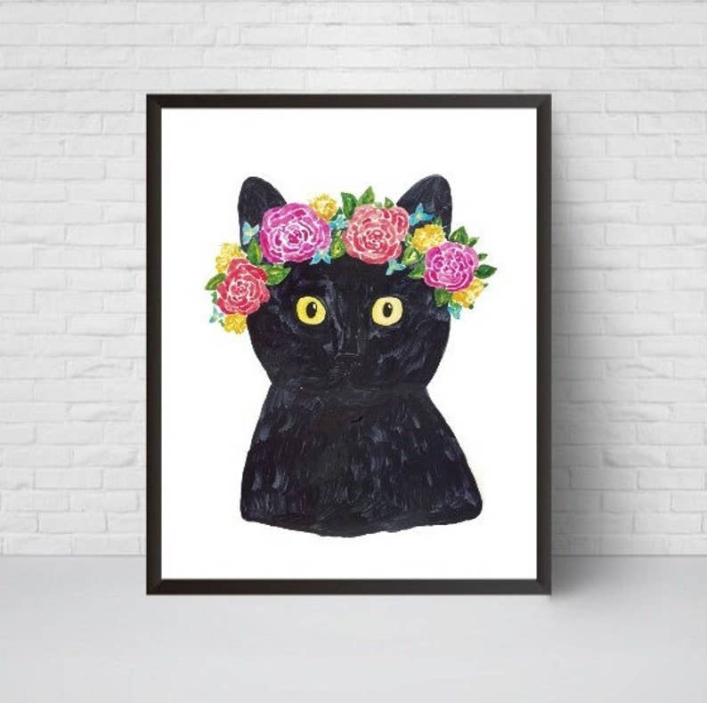 Goodfairyart – Impressão artística por atacado – Gato Preto Com Grinalda De Flores Espreitando Pintura Aquarela0