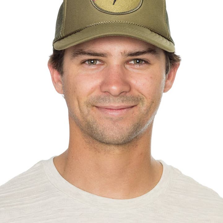 Electric Rainbow Trucker Hat in Olive for wholesale on Faire4