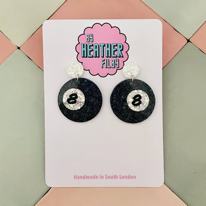 Magic 8 Ball Glitter Resin Earrings for wholesale by By Heather Filby