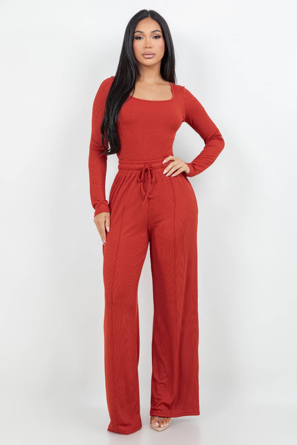 Color 5 - Wholesale Top & Pant Set (NOT Loungewear) - Women's - Long sleeve slinky bodysuit with matching flare pants set 5