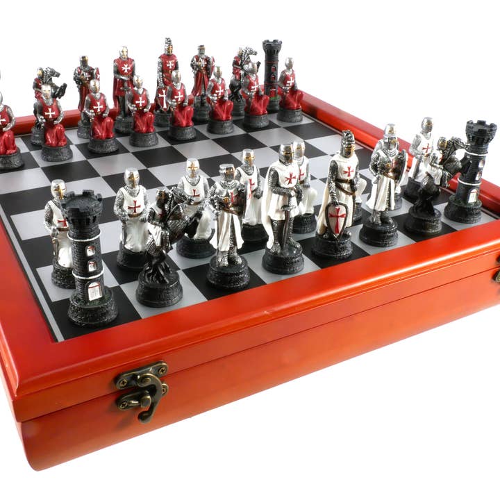 WorldWise Imports - Wholesale Board Game - Chess Set - Crusades IV Resin Men on Cherry Stain Chest
