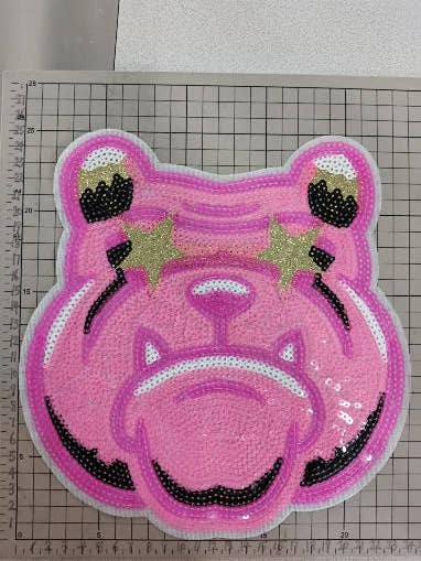 Hot Pink Sequin Bulldog Mascot Patch for wholesale by Scratch Decor