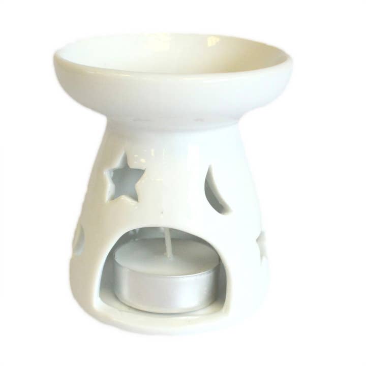 Ancient Wisdom - Wholesale Oil Warmer - Sm Classic White Oil Burner - Moon & Star1