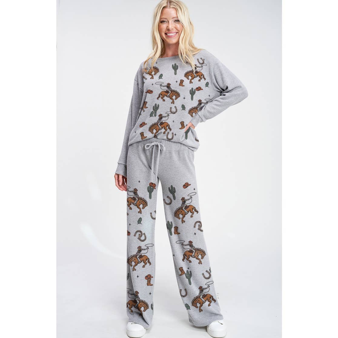 Phil Love - Wholesale Lounge Set - Women's - Cowgirl cactus print soft brushed loungewear set 1