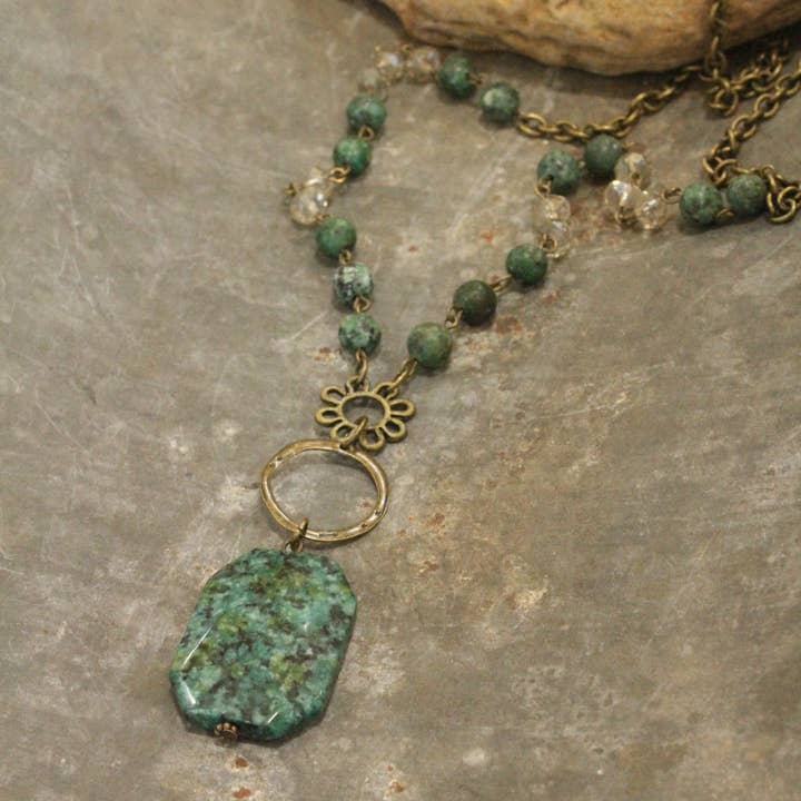 The Primitive Peddler, Inc. - Wholesale Pendant/Charm Necklace - Bohemian Jasper & Stone Drop Necklace