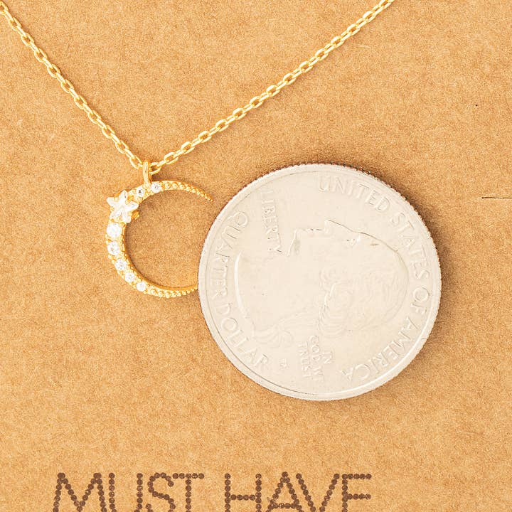 Fame Accessories - Wholesale Pendant/Charm Necklace - Pave Moon Pendant Necklace