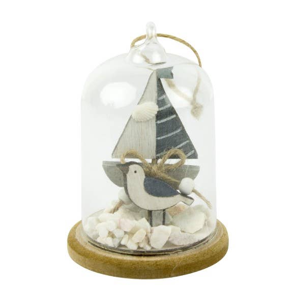 Nauticalia – wholesale Dekorativt bordsobjekt – Glas Kupol-Yacht/Måsen/Snäckor, 8x11cm