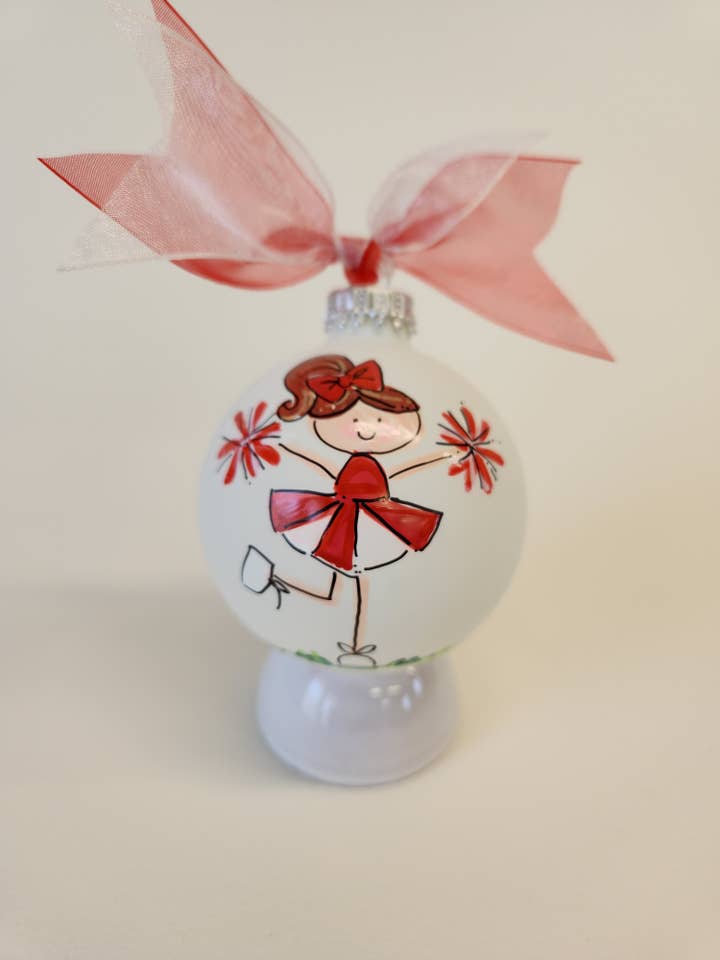 Cheerleader hand painted glass ornament for wholesale by Kirsten in Color