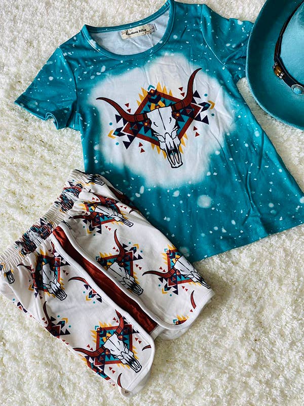 luluclothes - Wholesale Top & Short Set - Kids - XCH0333-8H Bull prints blue top & Aztec shorts girls outfit