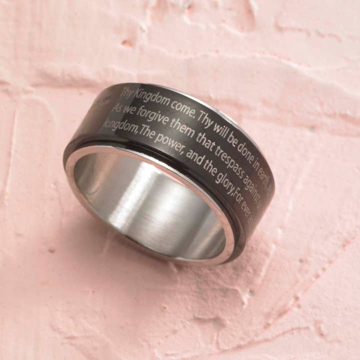Joyful Sentiments - Wholesale Band/Stacked Ring - Lord's Prayer Engraved Spinner Ring Stainless Steel