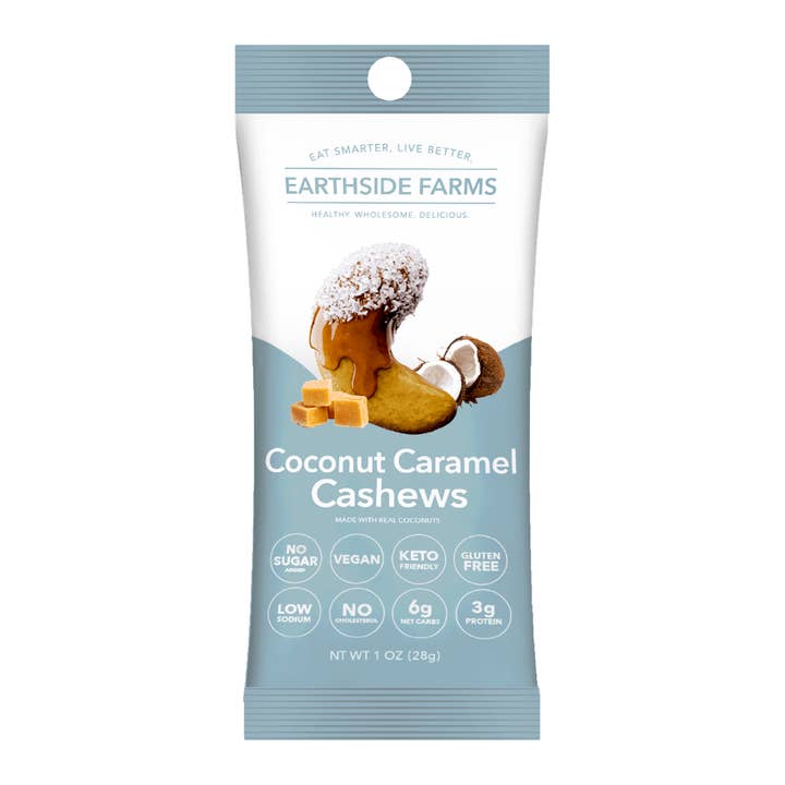 Earthside Farms – wholesale Nötter – Kokosnöt Karamell Cashewnötter Veganska Kanderade Nötter 1 oz Snackförpackning