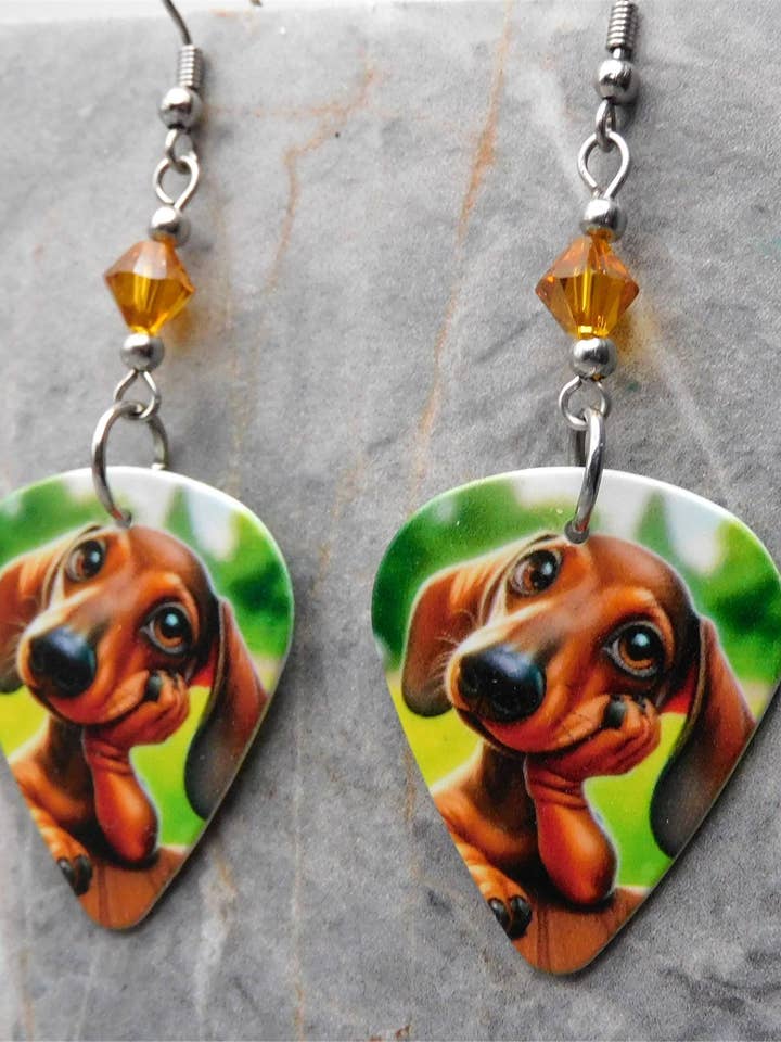 Cartoon Style Dachshund Guitar Pick Earrings w Swarovskis for wholesale by Simply Raevyn