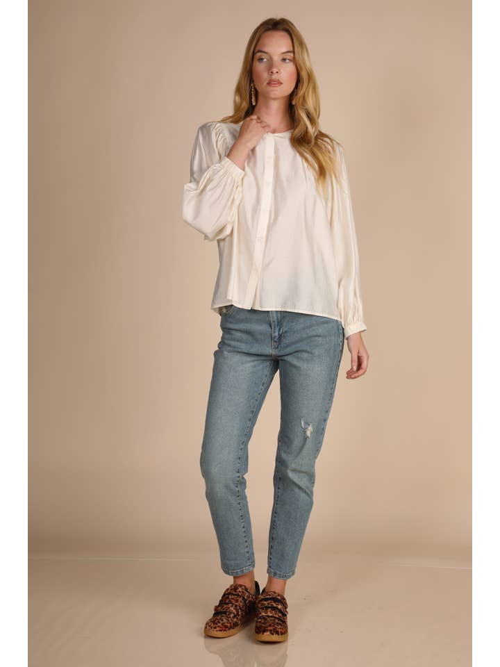 Hers & Mine - Wholesale Button Down Shirt - Women's - BUTTON DOWN V BIAS CUT BALLON SLV BLOUSE1