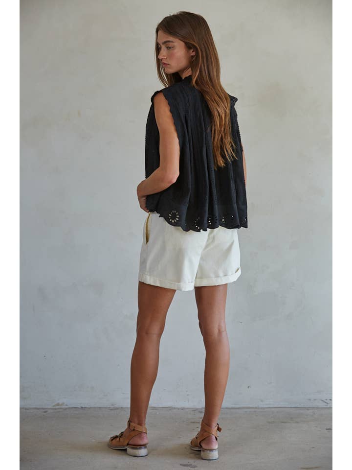 By Together - Wholesale Button Down Shirt - Women's - L8162 | Woven Cotton Eyelet Buttondown Sleeveless Top