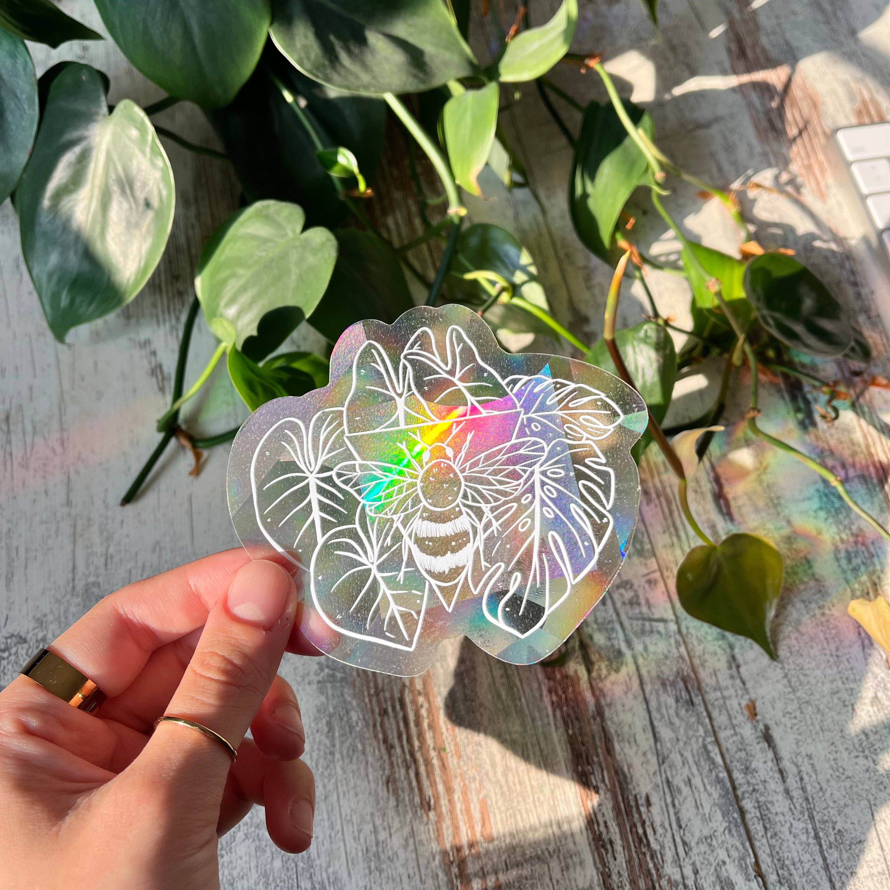 plantyintroverts - Wholesale Suncatcher - Sun Catcher Sticker - Bee with Alocasia, Philodendron Glori