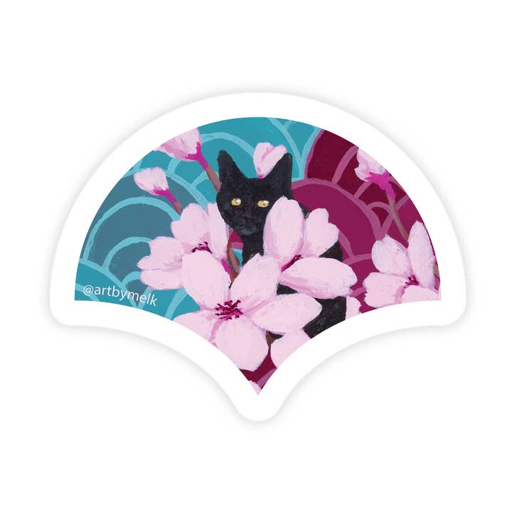 Cherry Blossom Black Cat Sticker - Sakura Waves Mini for wholesale by Art by MelK