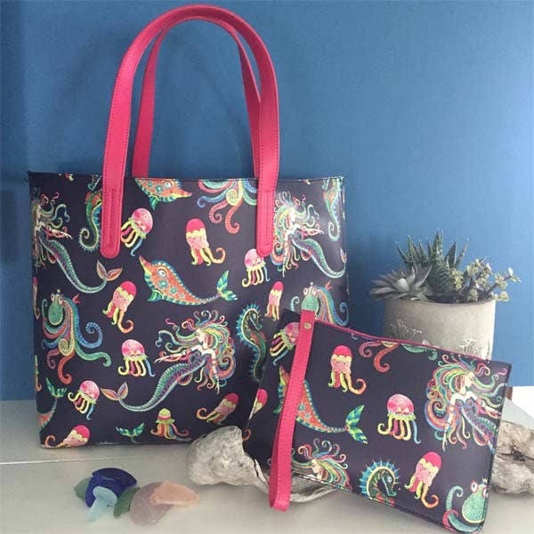 Boho Mermaid Leatherette Tote & Wristlet Set for wholesale by B McVan Designs