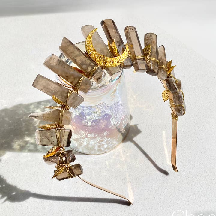 LARA | Smoky Quartz Crystal Crown with Golden Moon for wholesale by CHAERI