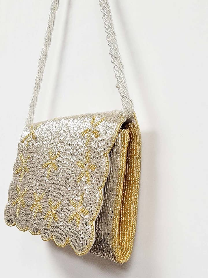 BEADED CLUTCH GOLD /SILVER SCALLOP FLAP for wholesale by Ricki designs
