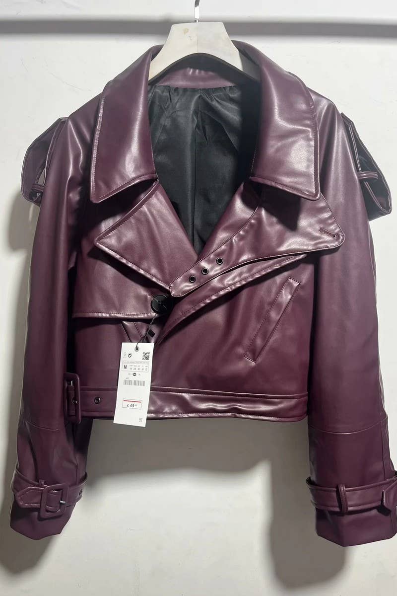 NINEXIS - Wholesale Coat - Women's - CWOCO1059_SOLID COLOR VINTAGE LAPEL LEATHER JACKET5