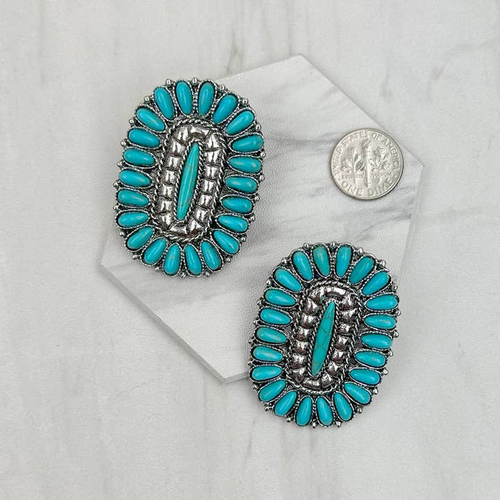 Western Elite Jewelry - Wholesale Dangle Earrings - ER231217-40 Silver metal with blue turquoise stone beads oval Earrings