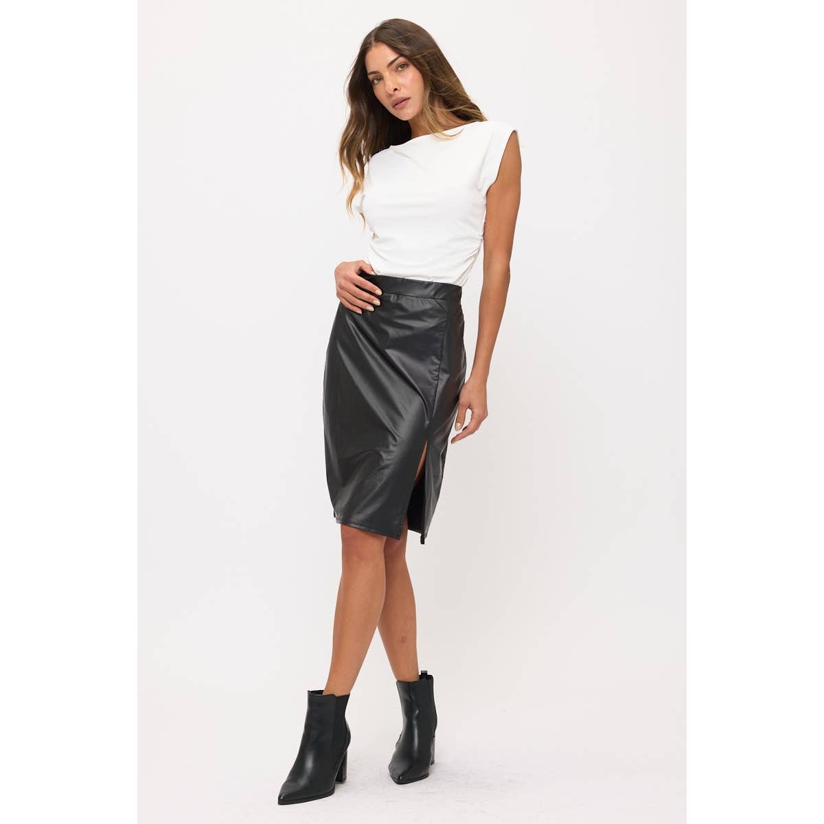 Perseption - Wholesale Skirt - Women's - ELASTIC SLIT SIDE PLEATHER PENCIL SKIRT1