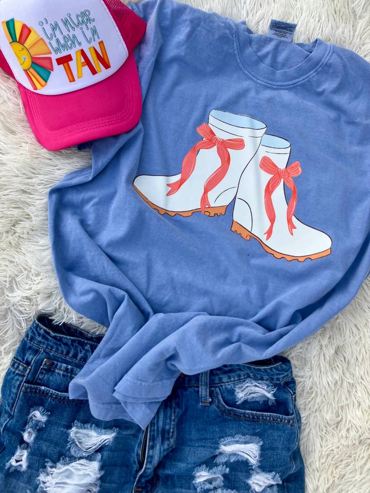 on the Bayou - Wholesale Screen Printed T-Shirt - Kids - Shrimp boots with bows shrimp t-shirtÂ