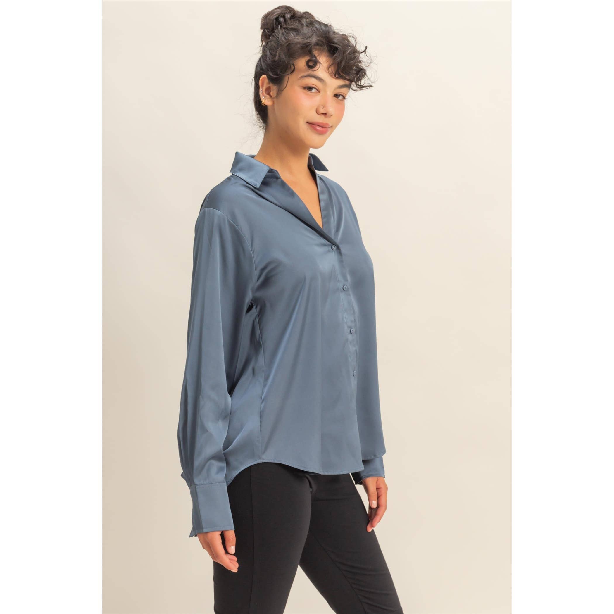 Double Zero - Wholesale Blouse - Women's - Button-Up Satin Shirt With Collared Neckline32
