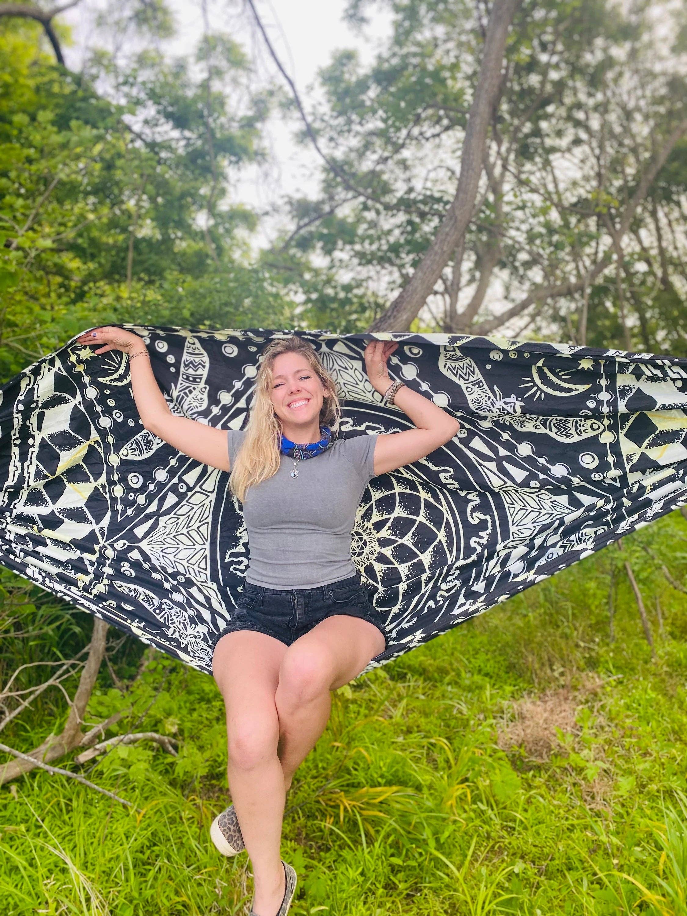 Enlighten - Wholesale Hammock - Cicada Mandala Hammock – Double Ply, Hand-Drawn Design by Melanie Bodnar, Sublimated Festival Gear, Easy Setup with Carabiners & Ropes2
