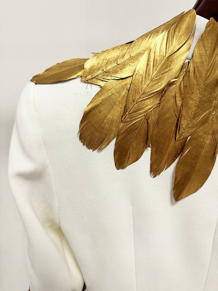 Cream 39Y Graceful Long Evening Dress with Golden Feather Details for wholesale on Faire5